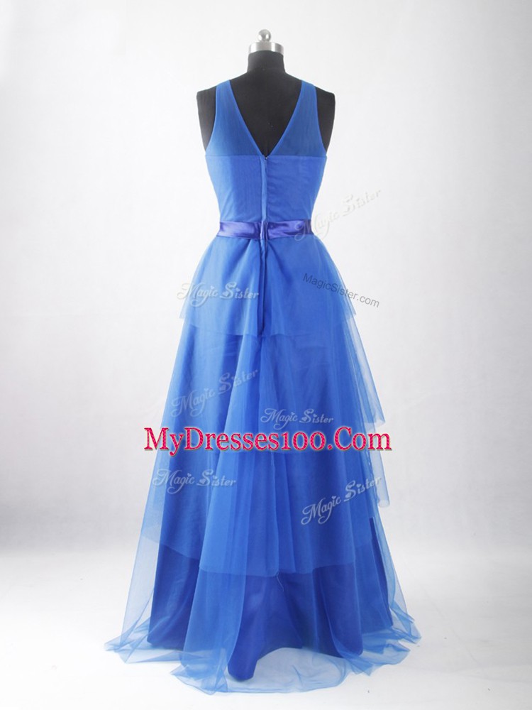 Floor Length Blue Dress for Prom Tulle Sleeveless Beading and Ruffled Layers and Belt