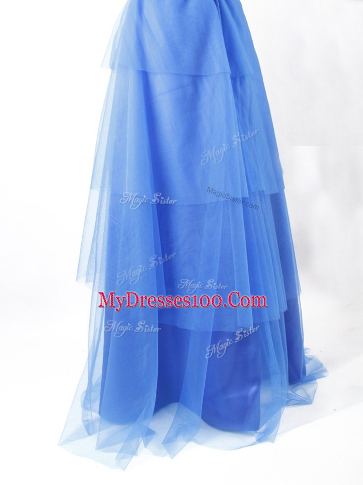 Floor Length Blue Dress for Prom Tulle Sleeveless Beading and Ruffled Layers and Belt