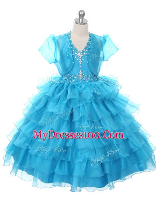 Sleeveless Beading and Ruffled Layers and Bowknot Lace Up Little Girl Pageant Dress