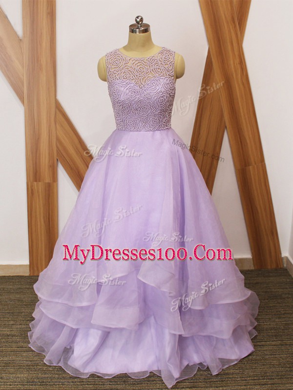 Romantic Organza Sleeveless Prom Gown Brush Train and Beading and Ruffles
