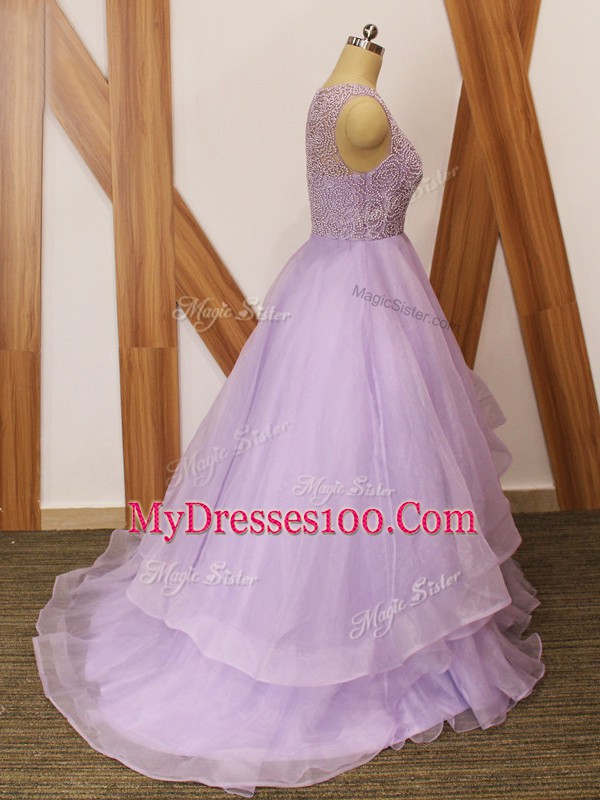 Romantic Organza Sleeveless Prom Gown Brush Train and Beading and Ruffles
