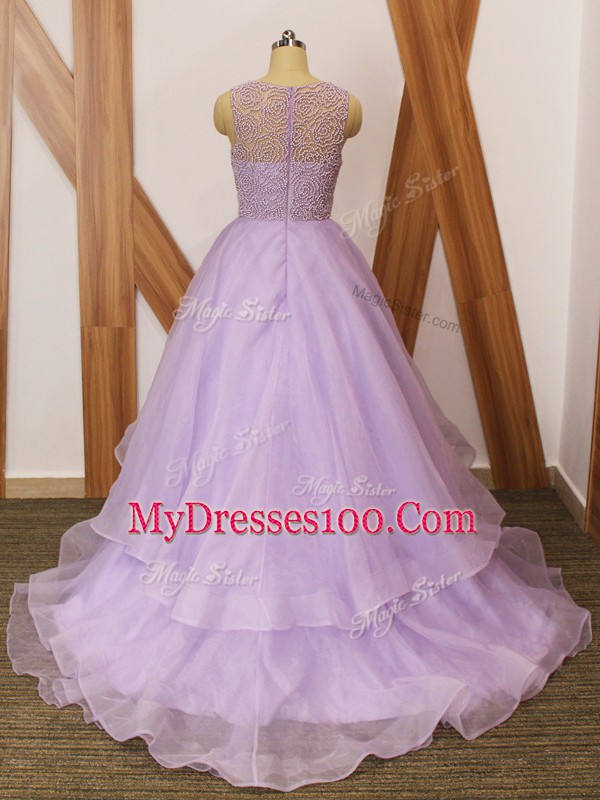 Romantic Organza Sleeveless Prom Gown Brush Train and Beading and Ruffles