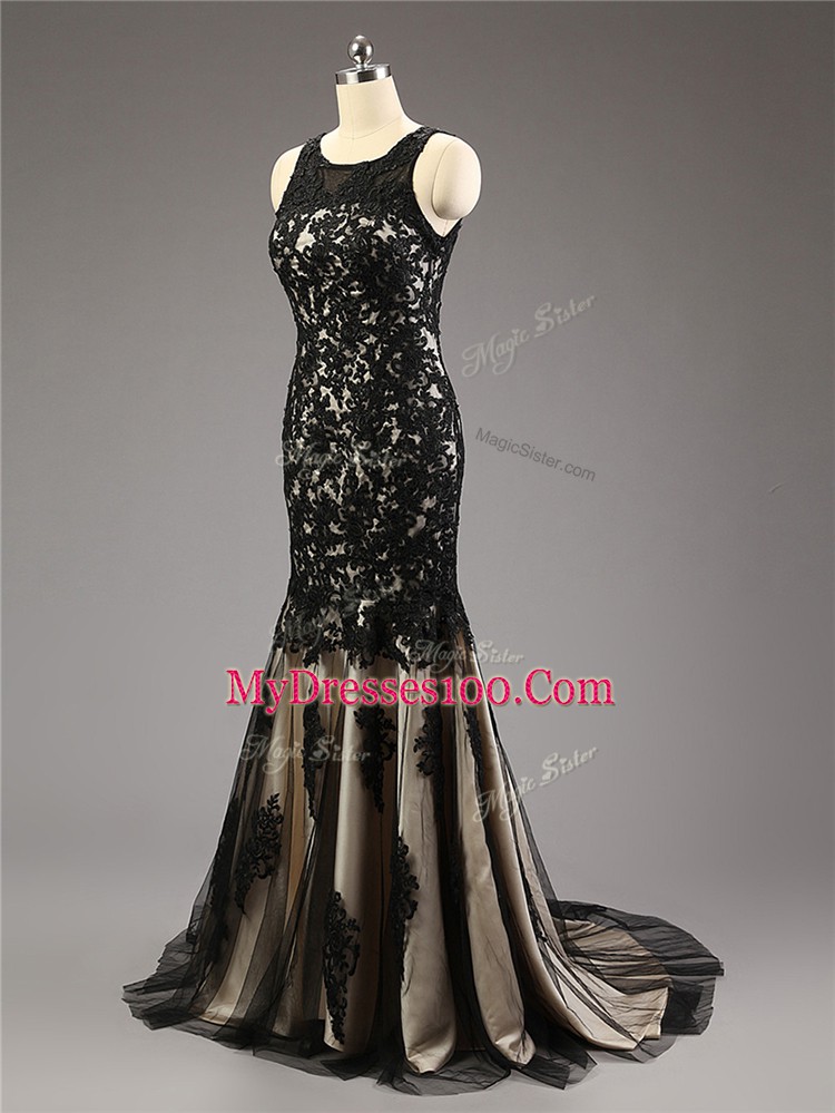 Sleeveless Brush Train Lace and Appliques Zipper Prom Dresses