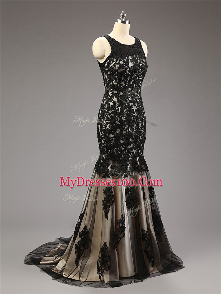Sleeveless Brush Train Lace and Appliques Zipper Prom Dresses