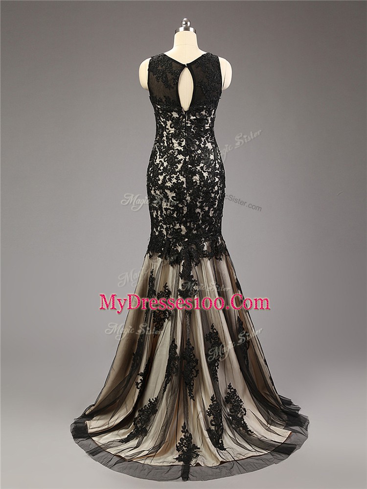 Sleeveless Brush Train Lace and Appliques Zipper Prom Dresses