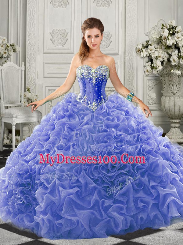 Blue Vestidos de Quinceanera Military Ball and Sweet 16 and Quinceanera with Beading and Ruffles Sweetheart Sleeveless Court Train Lace Up