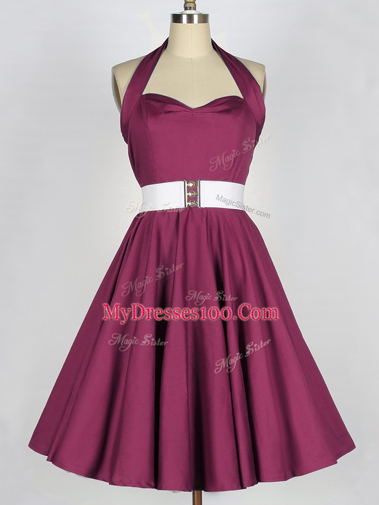 Fabulous Knee Length Lace Up Wedding Party Dress Burgundy for Prom and Party and Wedding Party with Belt