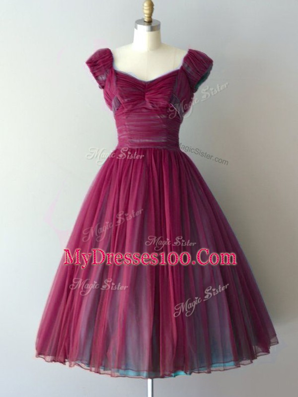 Fitting Knee Length A-line Cap Sleeves Burgundy Damas Dress Lace Up