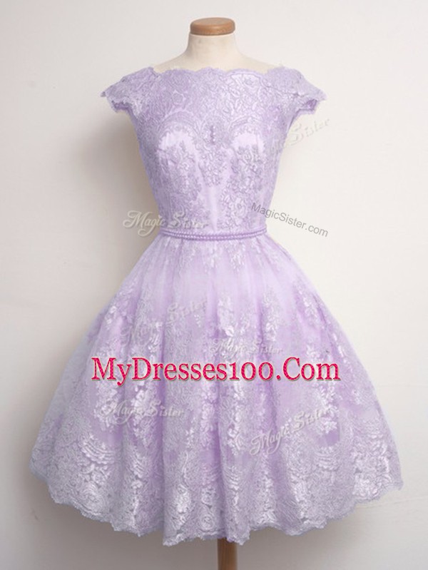 Wonderful Lavender Wedding Party Dress Prom and Party and Wedding Party with Lace Scalloped Cap Sleeves Lace Up