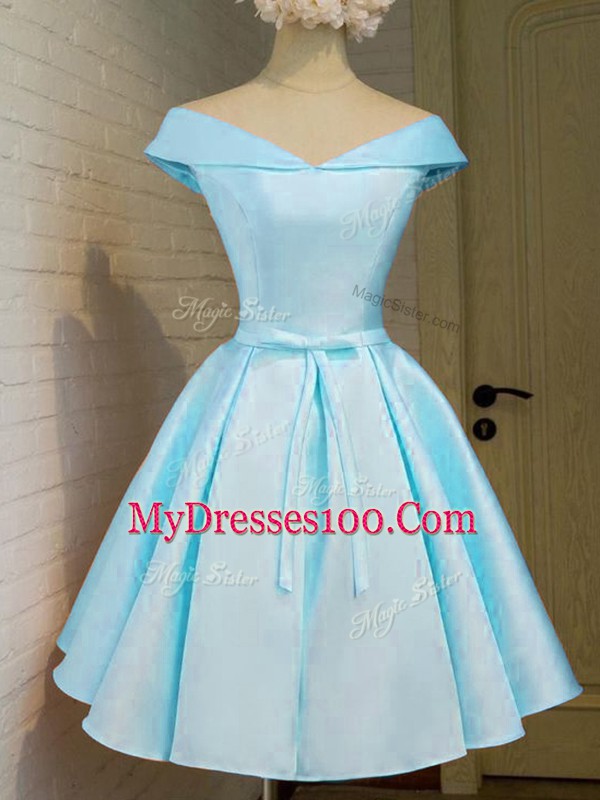 Shining Aqua Blue Cap Sleeves Knee Length Belt Lace Up Wedding Guest Dresses