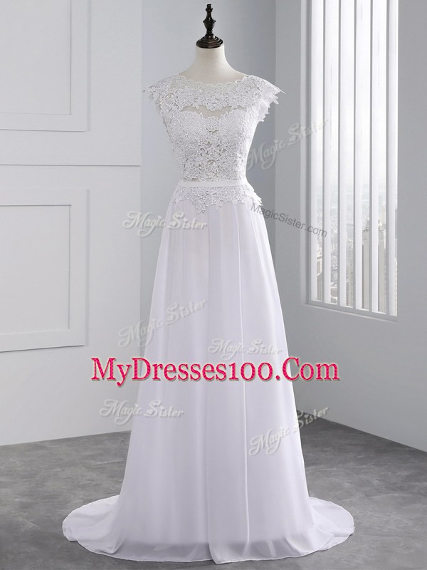 Scalloped Cap Sleeves Brush Train Backless Wedding Gowns White Chiffon
