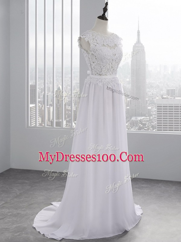 Scalloped Cap Sleeves Brush Train Backless Wedding Gowns White Chiffon