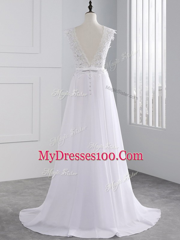 Scalloped Cap Sleeves Brush Train Backless Wedding Gowns White Chiffon