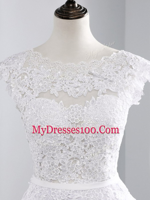 Scalloped Cap Sleeves Brush Train Backless Wedding Gowns White Chiffon