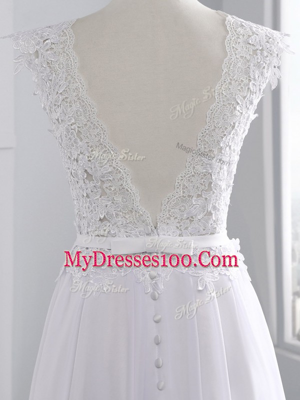 Scalloped Cap Sleeves Brush Train Backless Wedding Gowns White Chiffon