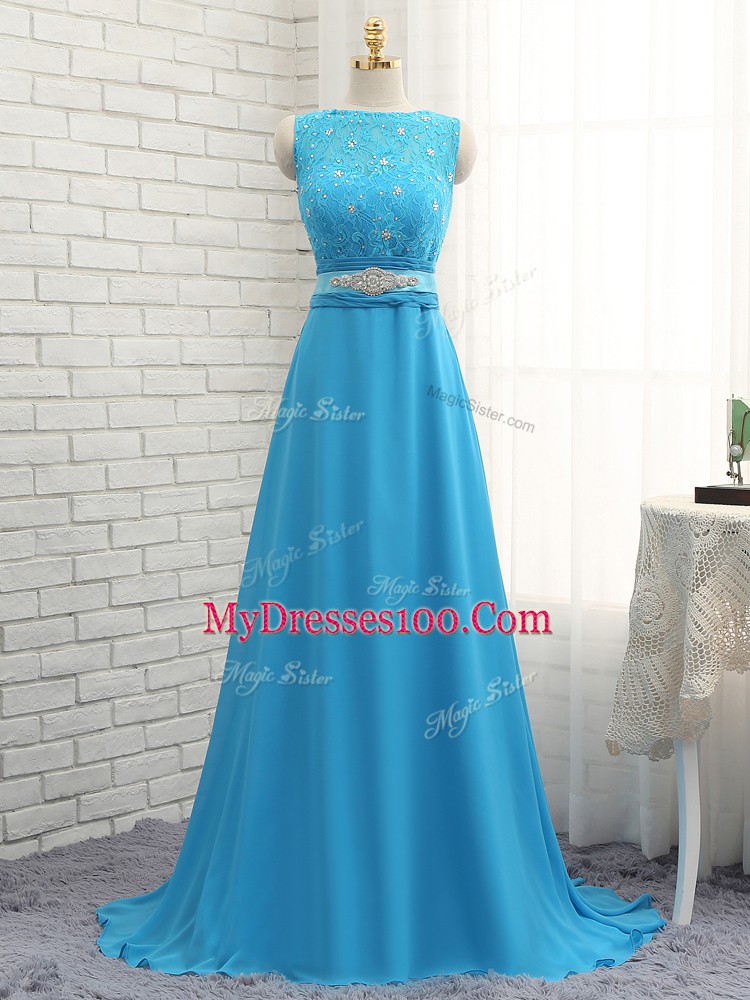 Asymmetric Sleeveless Chiffon Quinceanera Court of Honor Dress Beading and Lace Brush Train Zipper