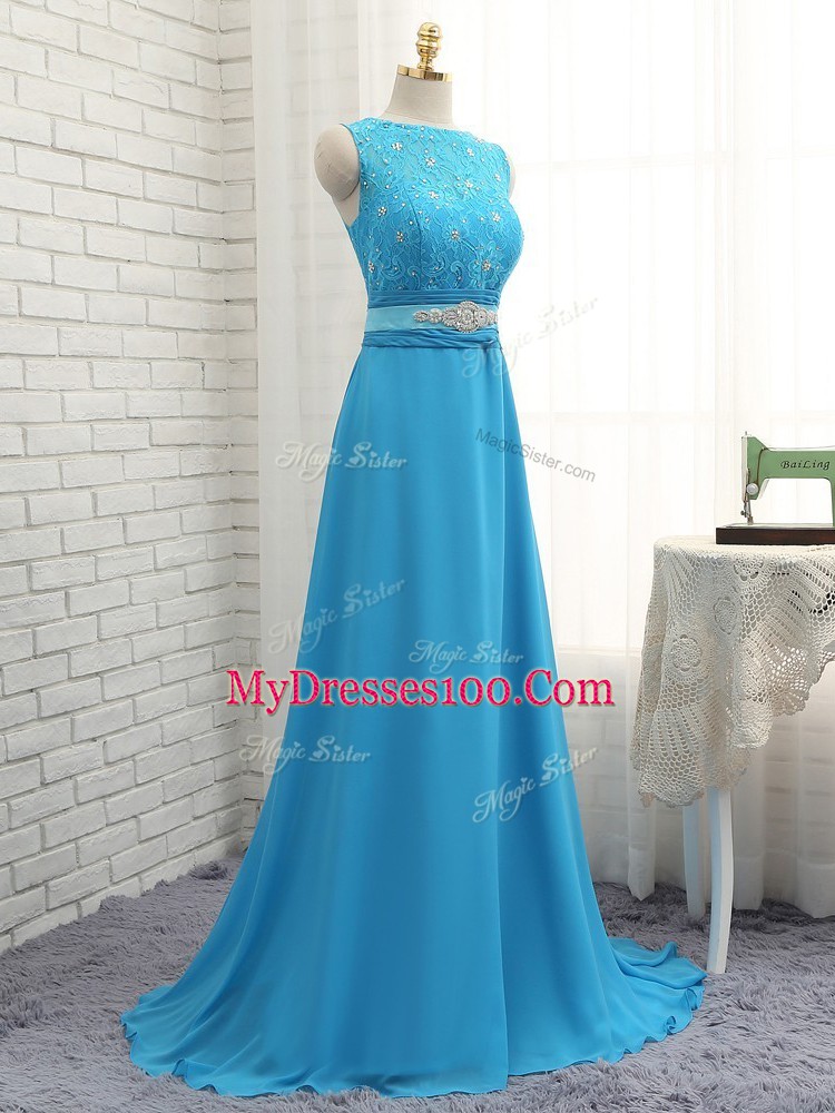 Asymmetric Sleeveless Chiffon Quinceanera Court of Honor Dress Beading and Lace Brush Train Zipper