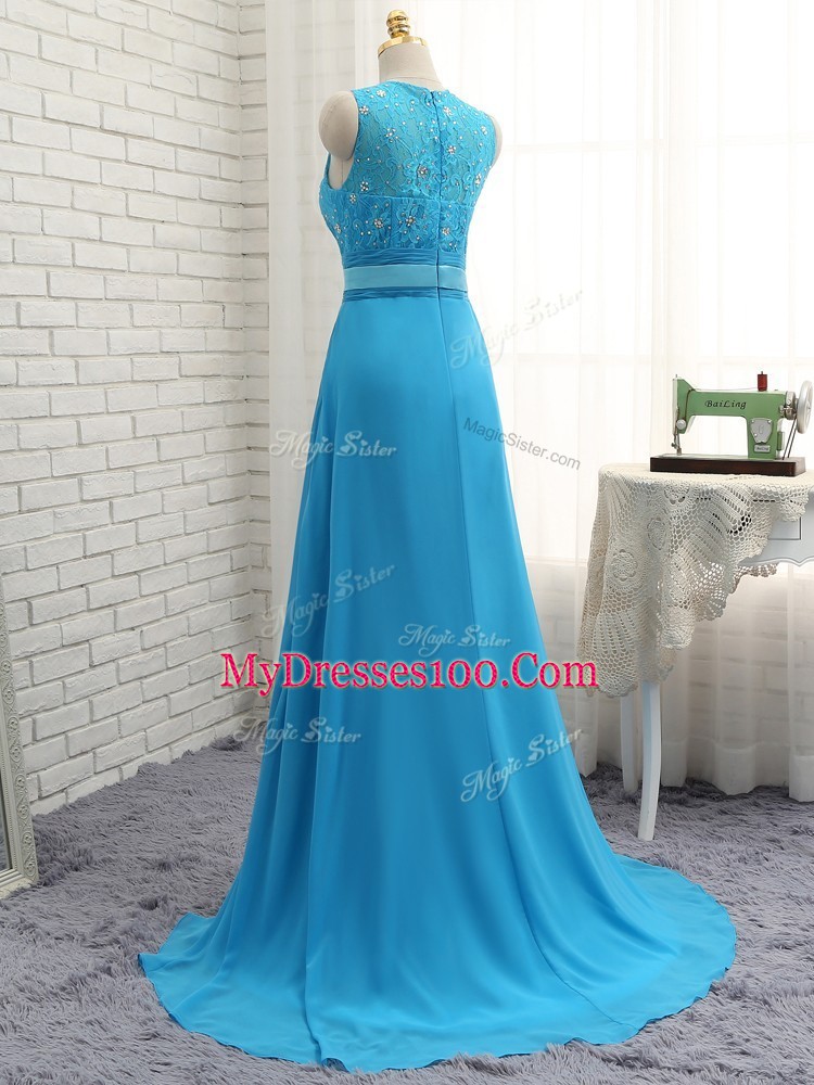 Asymmetric Sleeveless Chiffon Quinceanera Court of Honor Dress Beading and Lace Brush Train Zipper