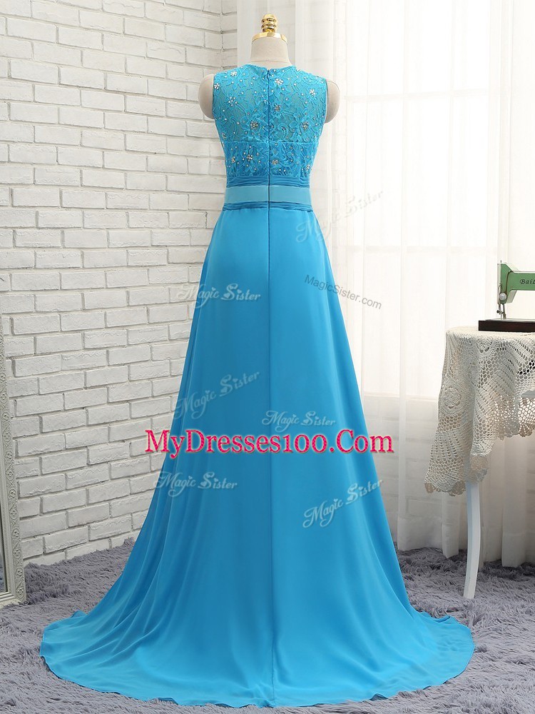 Asymmetric Sleeveless Chiffon Quinceanera Court of Honor Dress Beading and Lace Brush Train Zipper