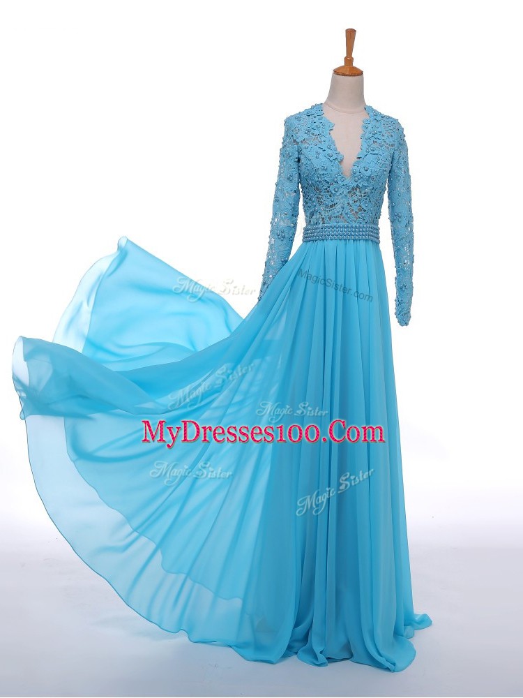 Beautiful Empire Mother Dresses Baby Blue V-neck Chiffon Long Sleeves Floor Length Zipper