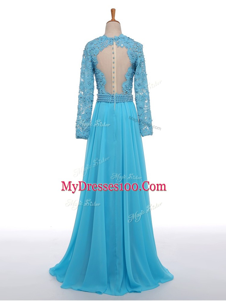 Beautiful Empire Mother Dresses Baby Blue V-neck Chiffon Long Sleeves Floor Length Zipper