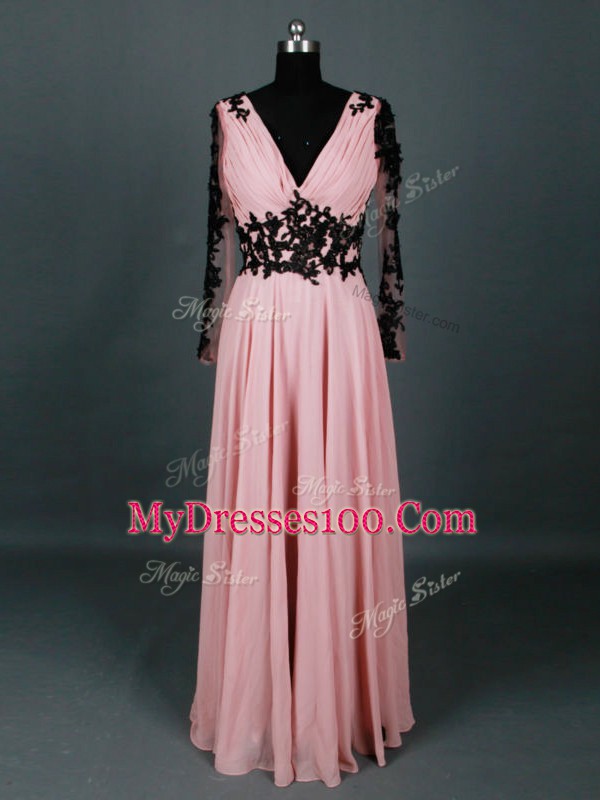 Pink Empire V-neck Long Sleeves Chiffon Floor Length Zipper Lace and Appliques Mother Of The Bride Dress
