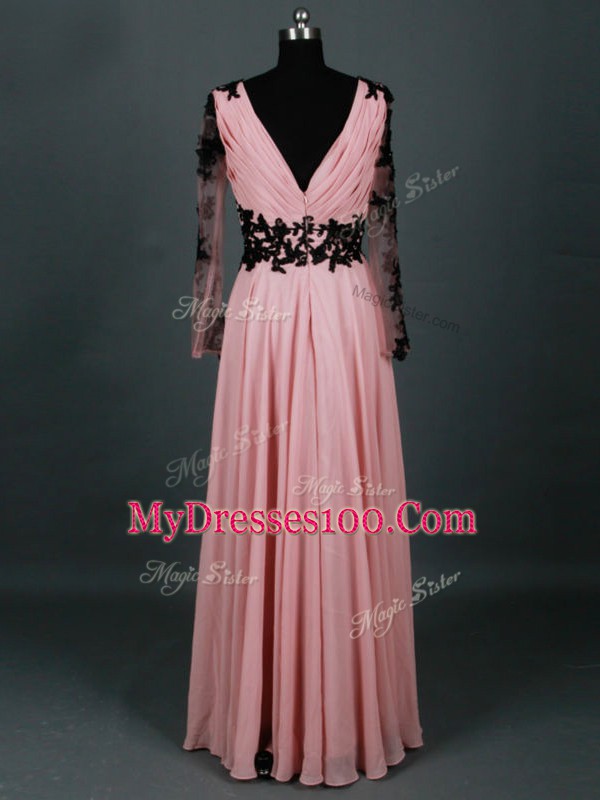 Pink Empire V-neck Long Sleeves Chiffon Floor Length Zipper Lace and Appliques Mother Of The Bride Dress
