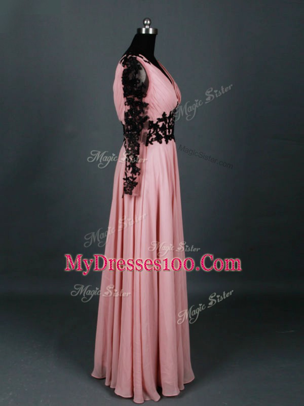 Pink Empire V-neck Long Sleeves Chiffon Floor Length Zipper Lace and Appliques Mother Of The Bride Dress