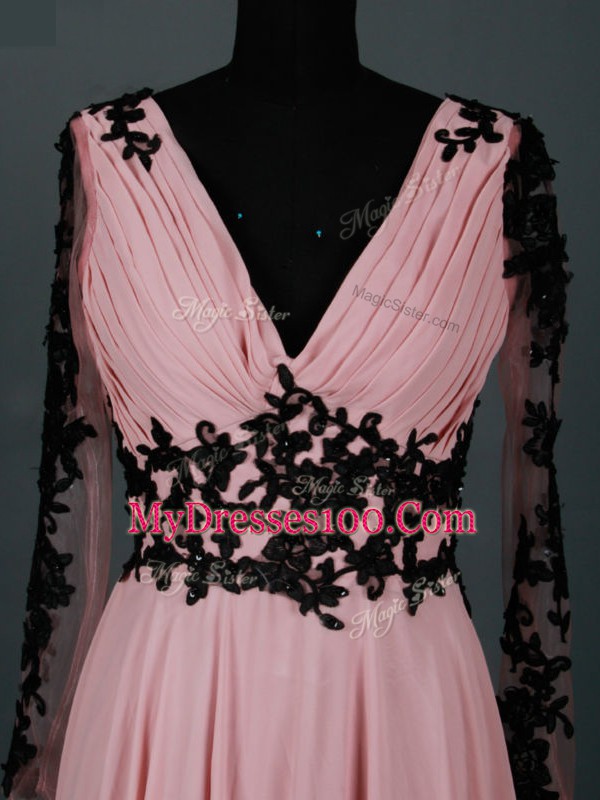 Pink Empire V-neck Long Sleeves Chiffon Floor Length Zipper Lace and Appliques Mother Of The Bride Dress