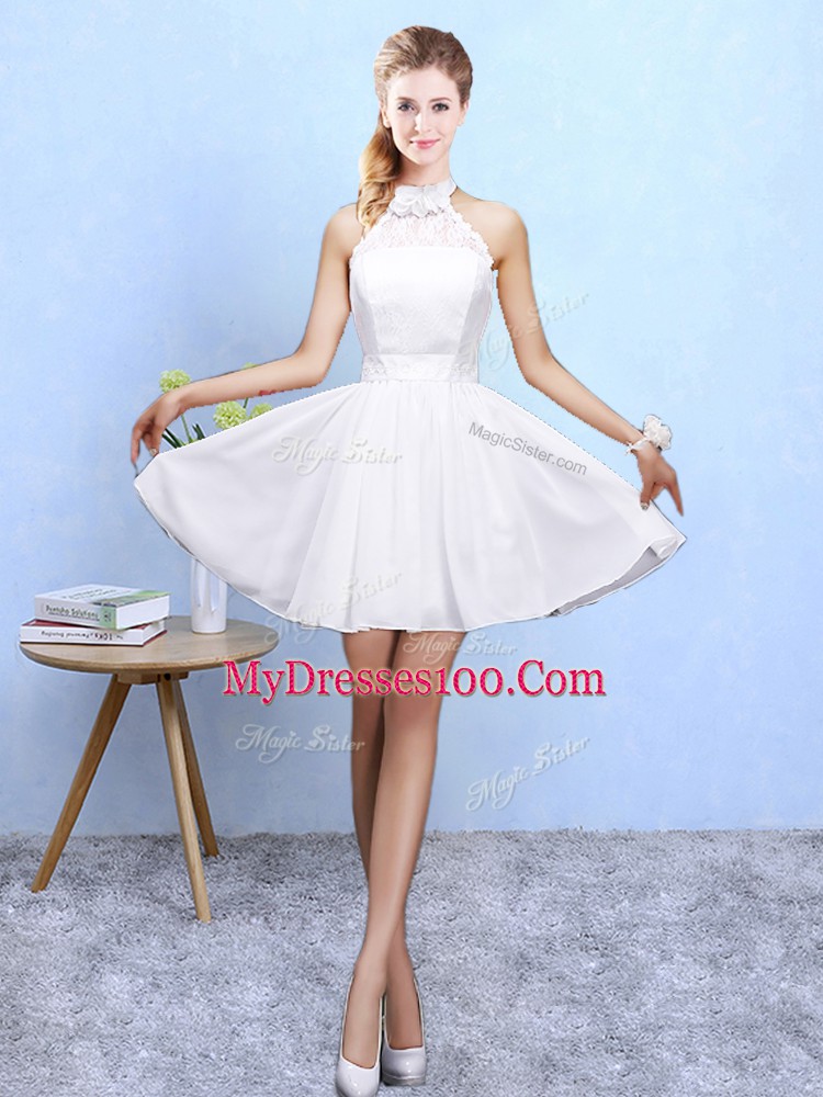 Clearance White Lace Up Halter Top Lace Bridesmaid Dresses Chiffon Sleeveless