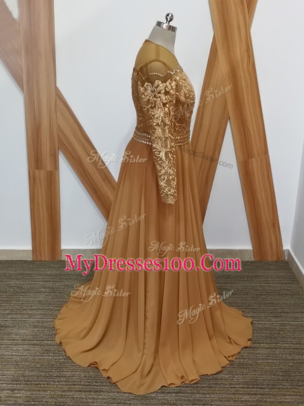 High-neck Long Sleeves Chiffon Mother of Groom Dress Lace Brush Train Zipper