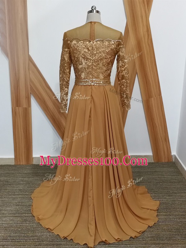 High-neck Long Sleeves Chiffon Mother of Groom Dress Lace Brush Train Zipper
