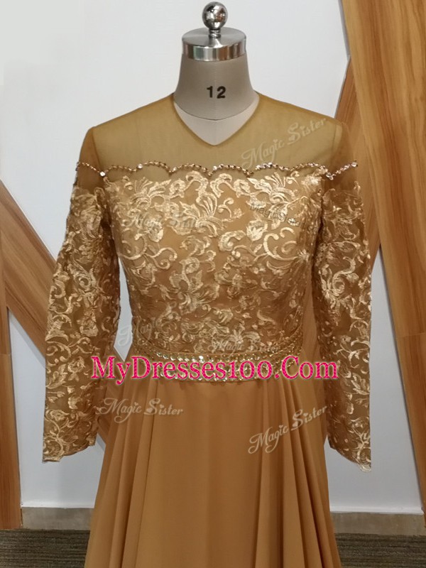 High-neck Long Sleeves Chiffon Mother of Groom Dress Lace Brush Train Zipper