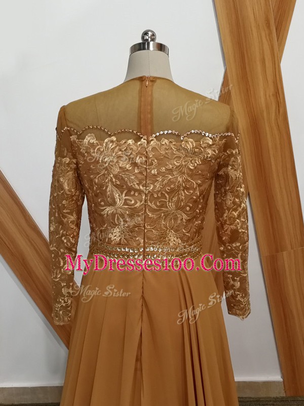 High-neck Long Sleeves Chiffon Mother of Groom Dress Lace Brush Train Zipper
