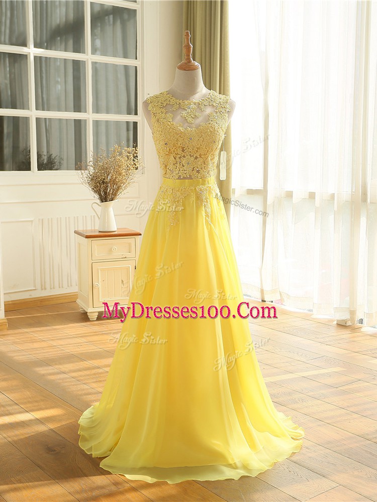 Inexpensive Yellow Chiffon Zipper Prom Party Dress Sleeveless Floor Length Lace and Appliques