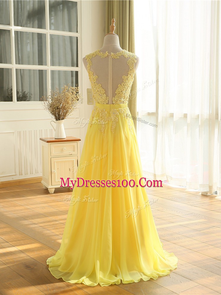 Inexpensive Yellow Chiffon Zipper Prom Party Dress Sleeveless Floor Length Lace and Appliques