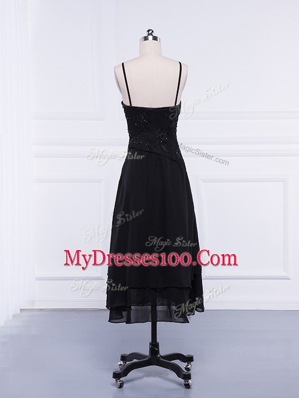 Delicate Sleeveless Chiffon Tea Length Zipper Mother Of The Bride Dress in Black with Lace and Appliques