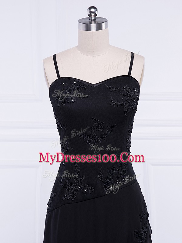 Delicate Sleeveless Chiffon Tea Length Zipper Mother Of The Bride Dress in Black with Lace and Appliques
