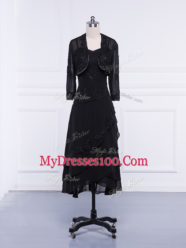 Delicate Sleeveless Chiffon Tea Length Zipper Mother Of The Bride Dress in Black with Lace and Appliques