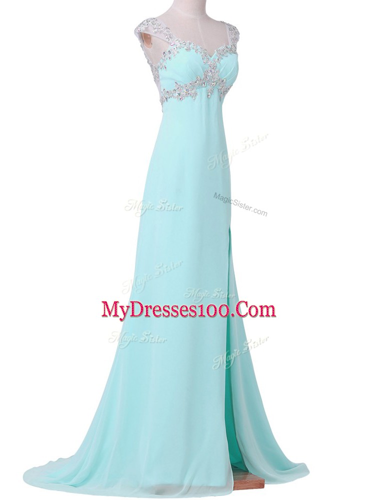 Best Selling Aqua Blue Chiffon Backless Prom Gown Cap Sleeves Beading