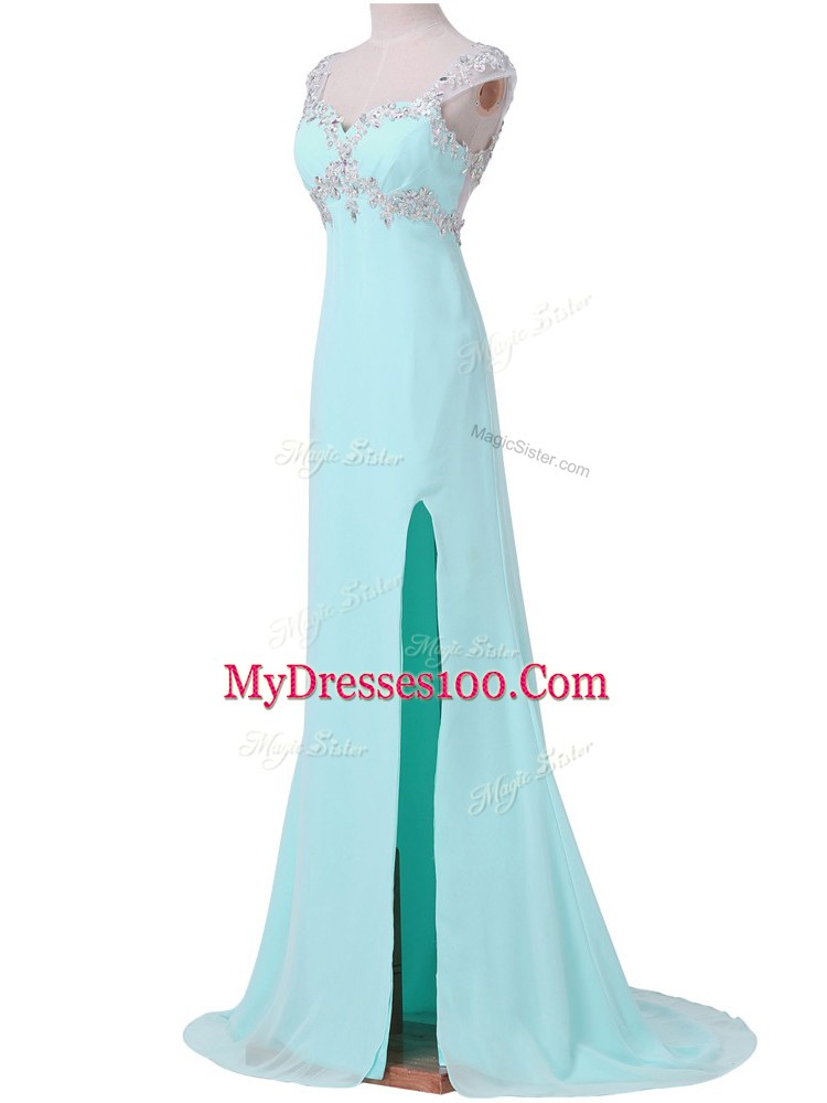 Best Selling Aqua Blue Chiffon Backless Prom Gown Cap Sleeves Beading