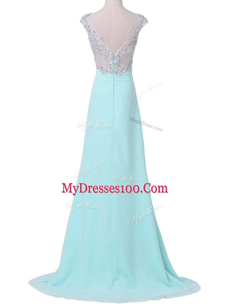 Best Selling Aqua Blue Chiffon Backless Prom Gown Cap Sleeves Beading