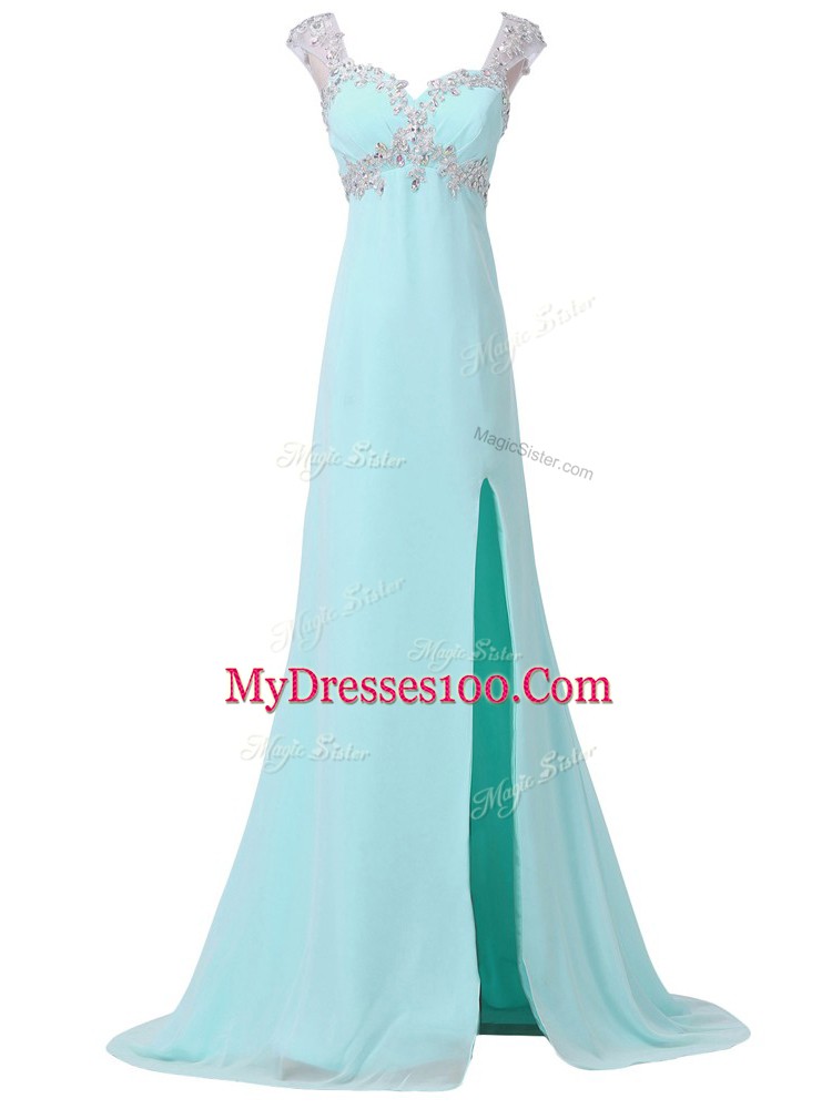 Best Selling Aqua Blue Chiffon Backless Prom Gown Cap Sleeves Beading