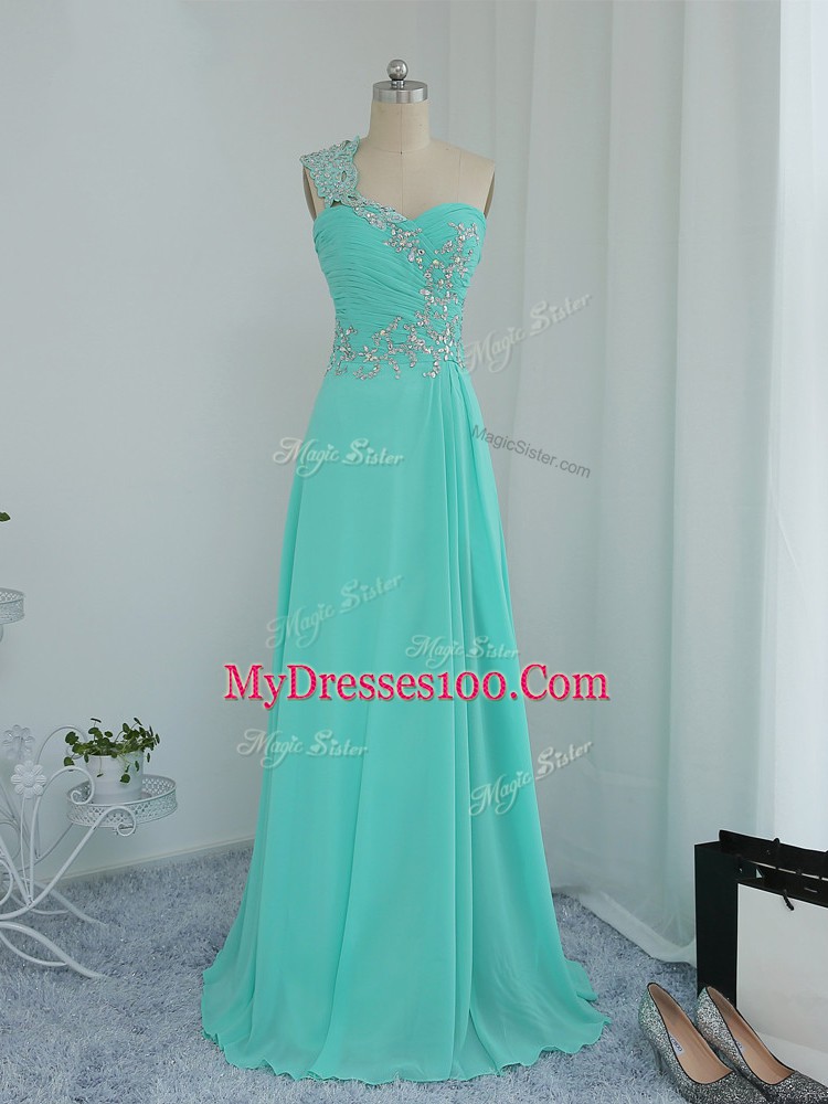 Deluxe Turquoise Column/Sheath Beading and Appliques Prom Gown Zipper Chiffon Sleeveless Floor Length