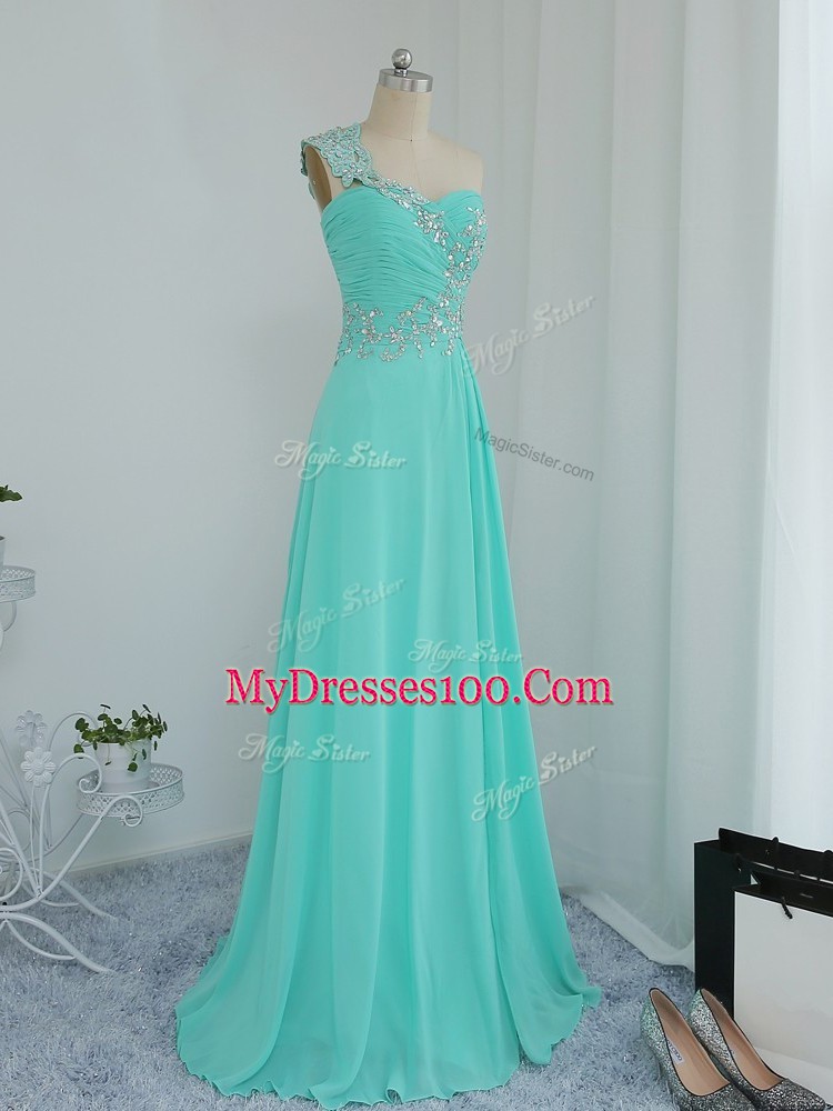 Deluxe Turquoise Column/Sheath Beading and Appliques Prom Gown Zipper Chiffon Sleeveless Floor Length