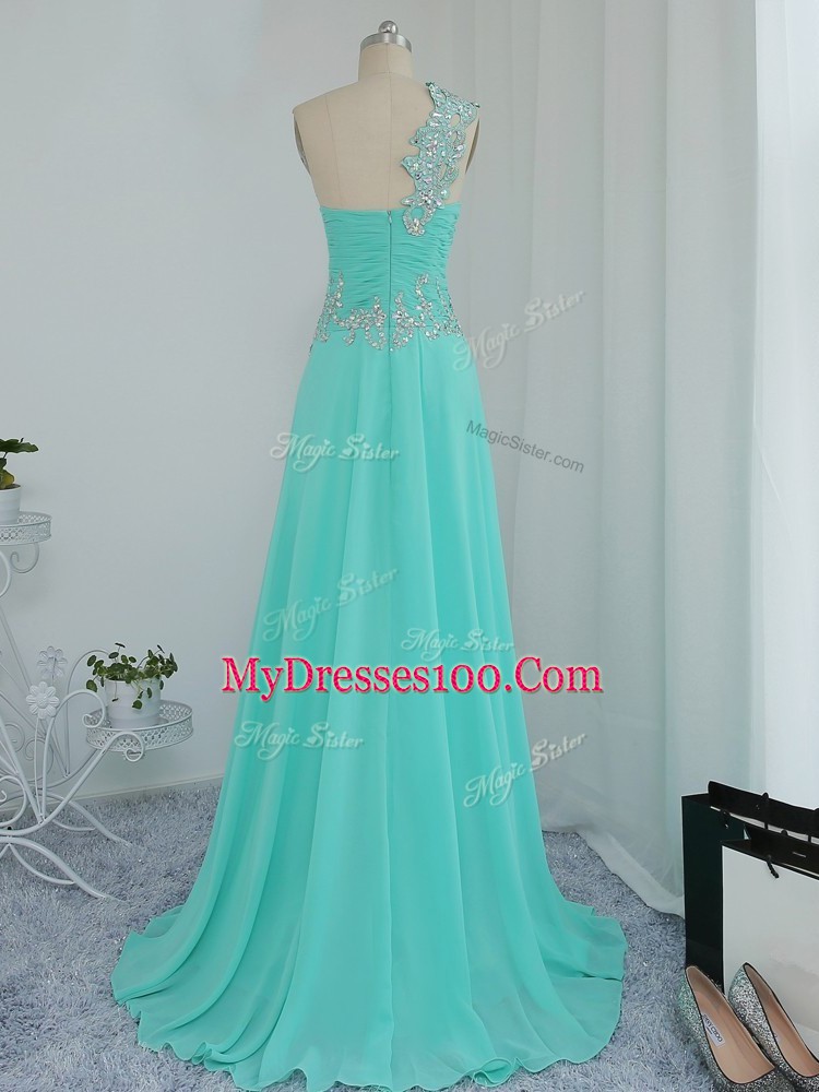 Deluxe Turquoise Column/Sheath Beading and Appliques Prom Gown Zipper Chiffon Sleeveless Floor Length