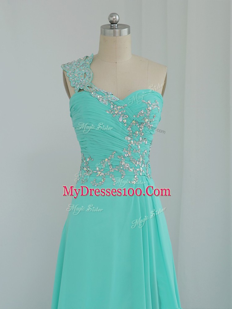 Deluxe Turquoise Column/Sheath Beading and Appliques Prom Gown Zipper Chiffon Sleeveless Floor Length
