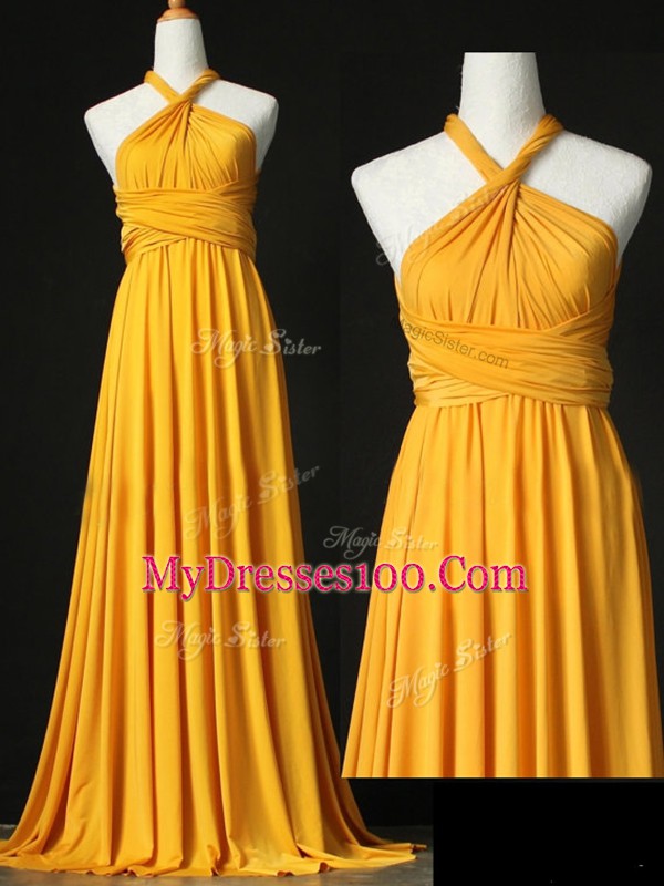 Dramatic Orange Sleeveless Ruching Criss Cross Damas Dress