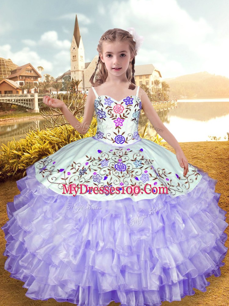 Floor Length Ball Gowns Sleeveless Lavender Kids Pageant Dress Lace Up