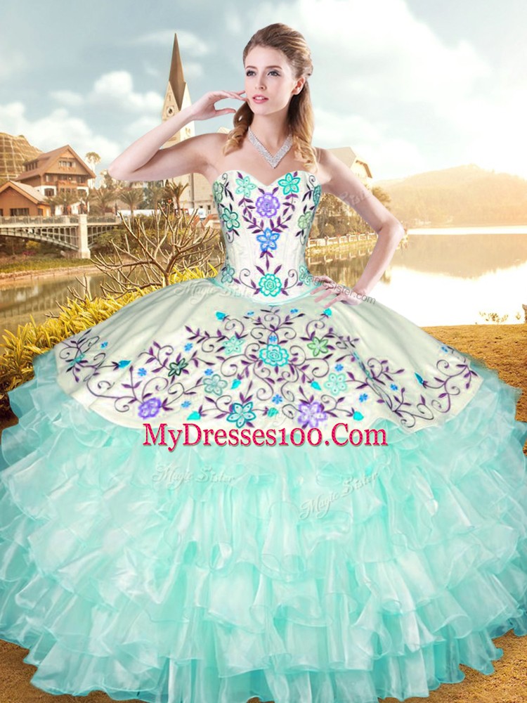 Simple Apple Green Sleeveless Embroidery and Ruffled Layers Floor Length Sweet 16 Dresses